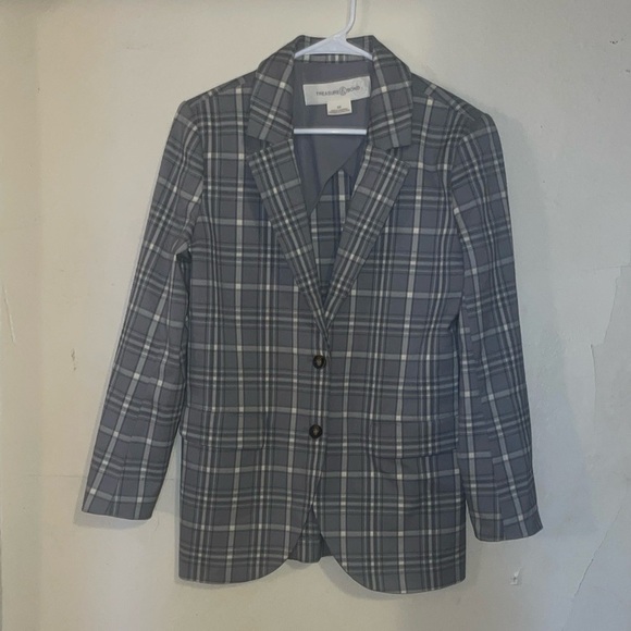 Treasure & Bond Gray Plaid Blazer XS WINDOWPANE OVERSIZED JACKET NWOT - Picture 2 of 3
